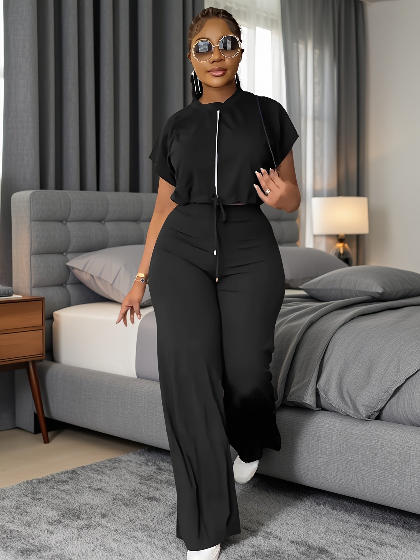 Women'S Two-piece Trouser Suit, Summer Street Style Women'S Drawstring Jacket With High-waisted Split Trouser Suit, Round Neck Jacket To Show Height, Breathable Fabric Machine Washable, Women'S Clothing
